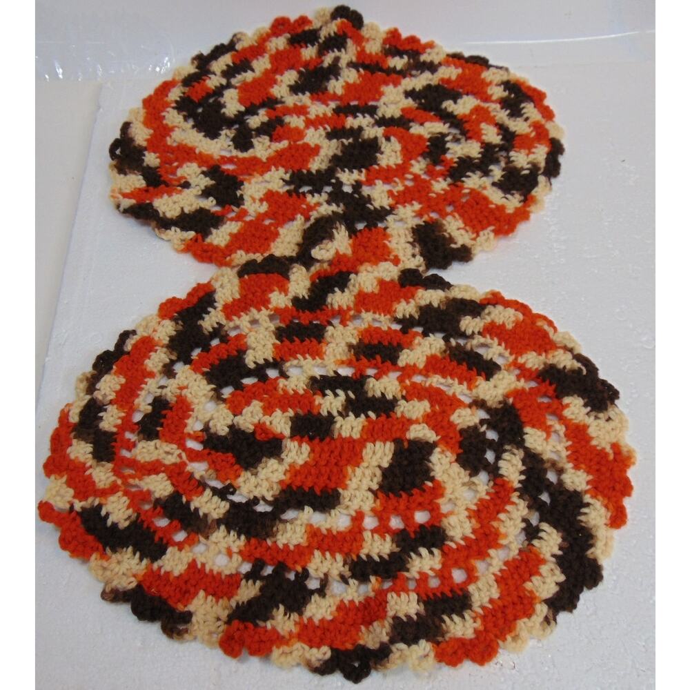 2 Crochet Pot Place Holders Doilies Vintage Oval Hot Pad Table Centerpiece 15"